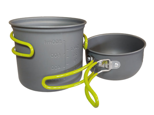 Camping Pot Set by River Country Gear, gray stackable pots with bright lime handles on Tampa Home & Garden Store