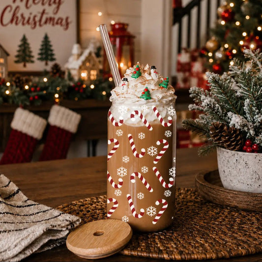 Candy Cane 17oz glass cup Gia Roma with red and white candy cane motif on Tampa Home & Garden Store