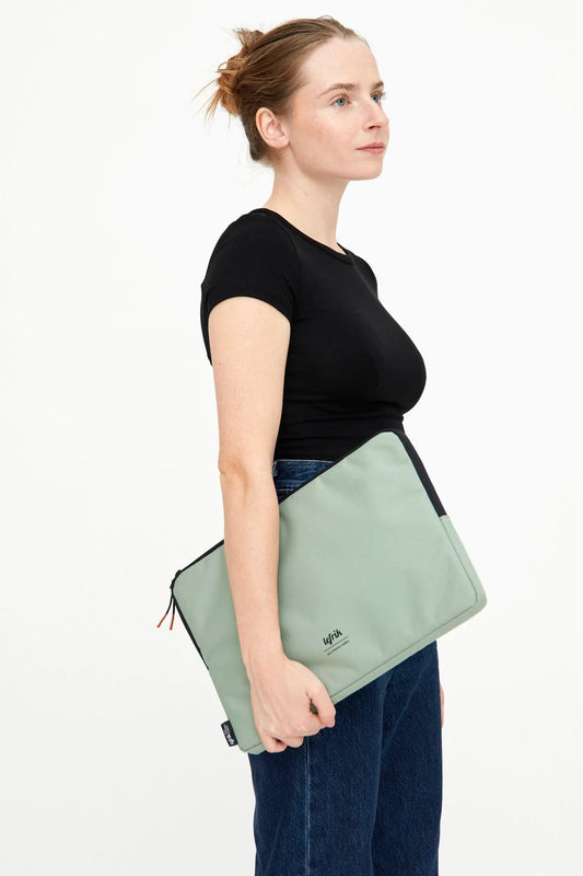 Capture 15in laptop case Sage by Lefrik USA water resistant with orange zipper pulls on Tampa Home & Garden Store