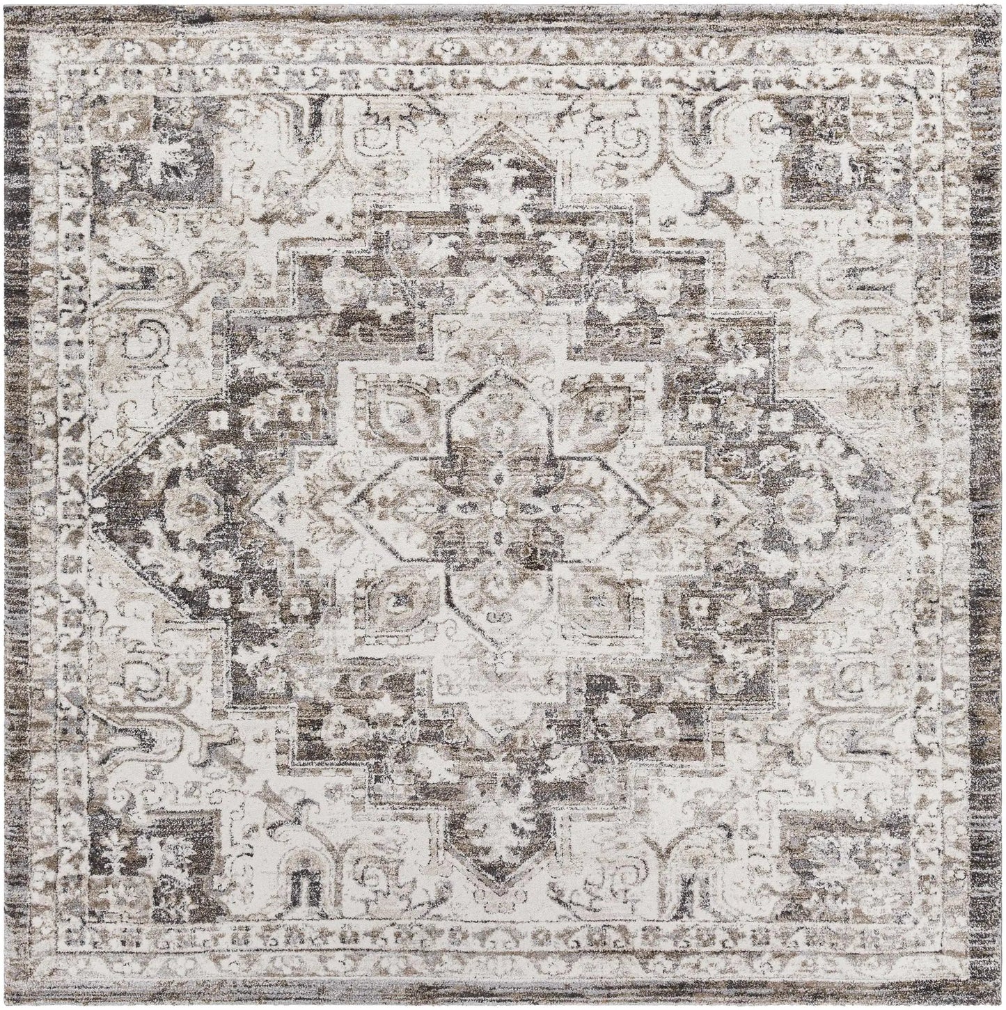 Cardston Thick Luxe Rug in Charcoal by Boutique Rugs; distressed cream motif on Tampa Home & Garden Store