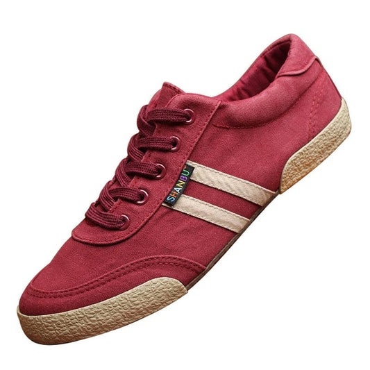 Mens canvas sneakers Stevvex maroon with beige side stripes, lace-up casual walking shoes on Tampa Home & Garden Store