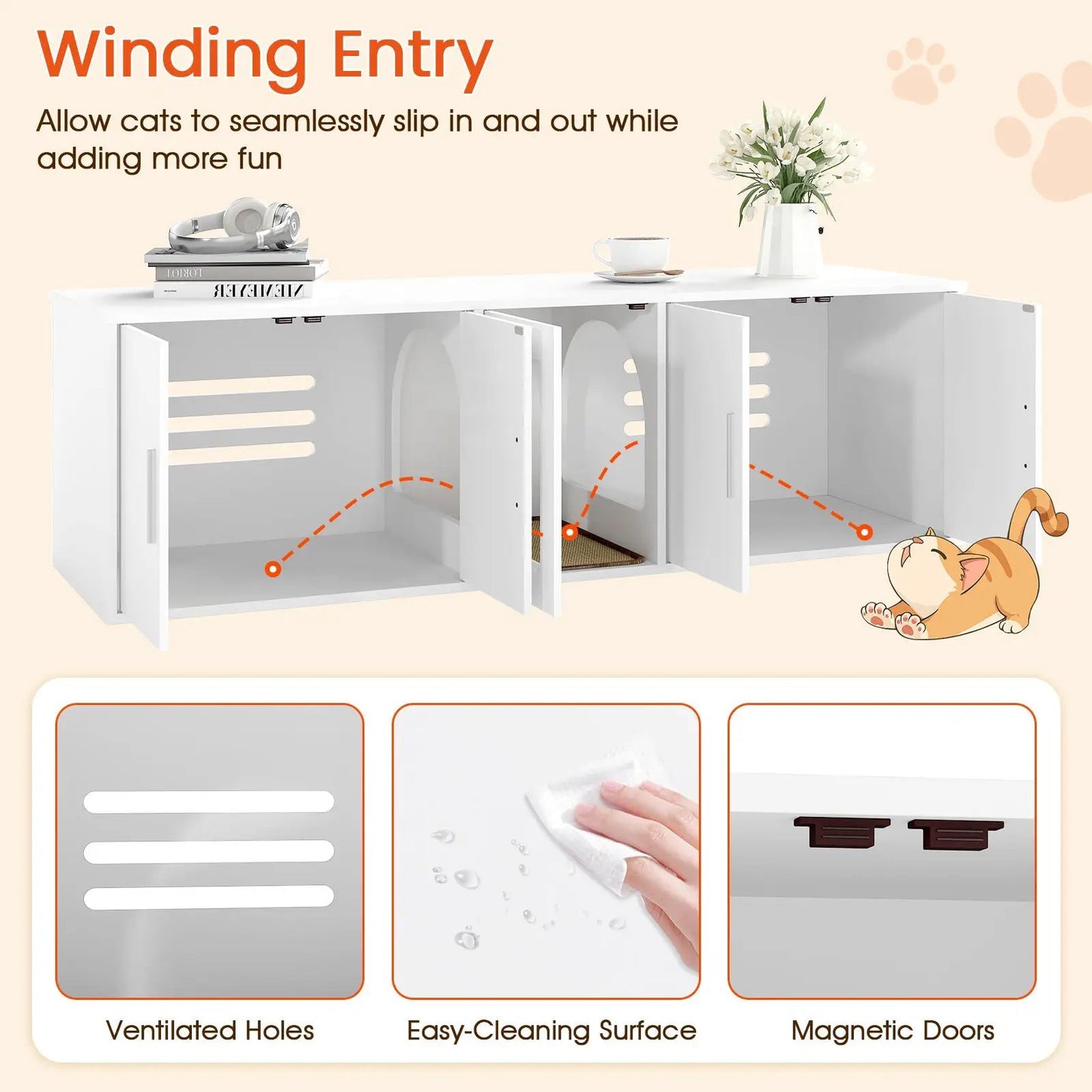 Cat Litter Box Enclosure for 2 Cats in white with double rooms DirectDeals magnetic doors on Tampa Home & Garden Store