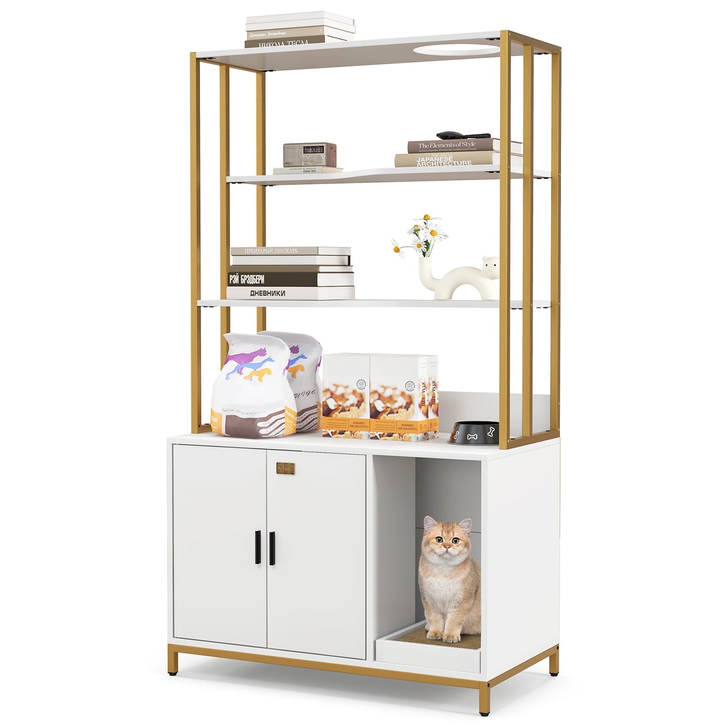 Cat Litter Box Enclosure with Storage and Shelves, white cabinet with gold frame by DirectDeals on Tampa Home & Garden Store