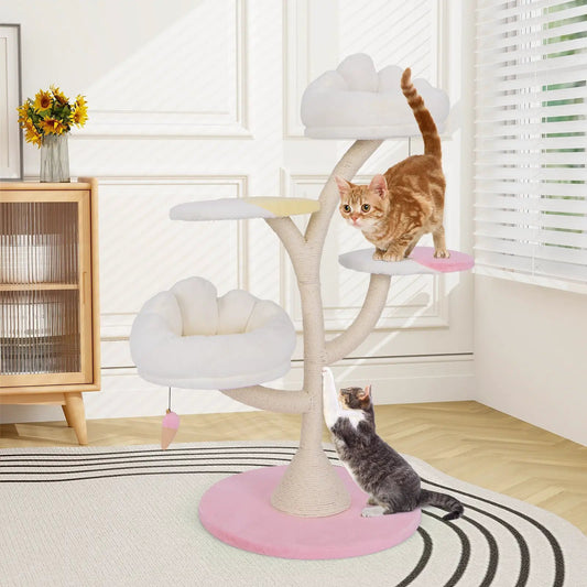 Multi Layer Cat Tree Tower with 2 Pink Perches, cream sisal posts, two cats exploring on Tampa Home & Garden Store
