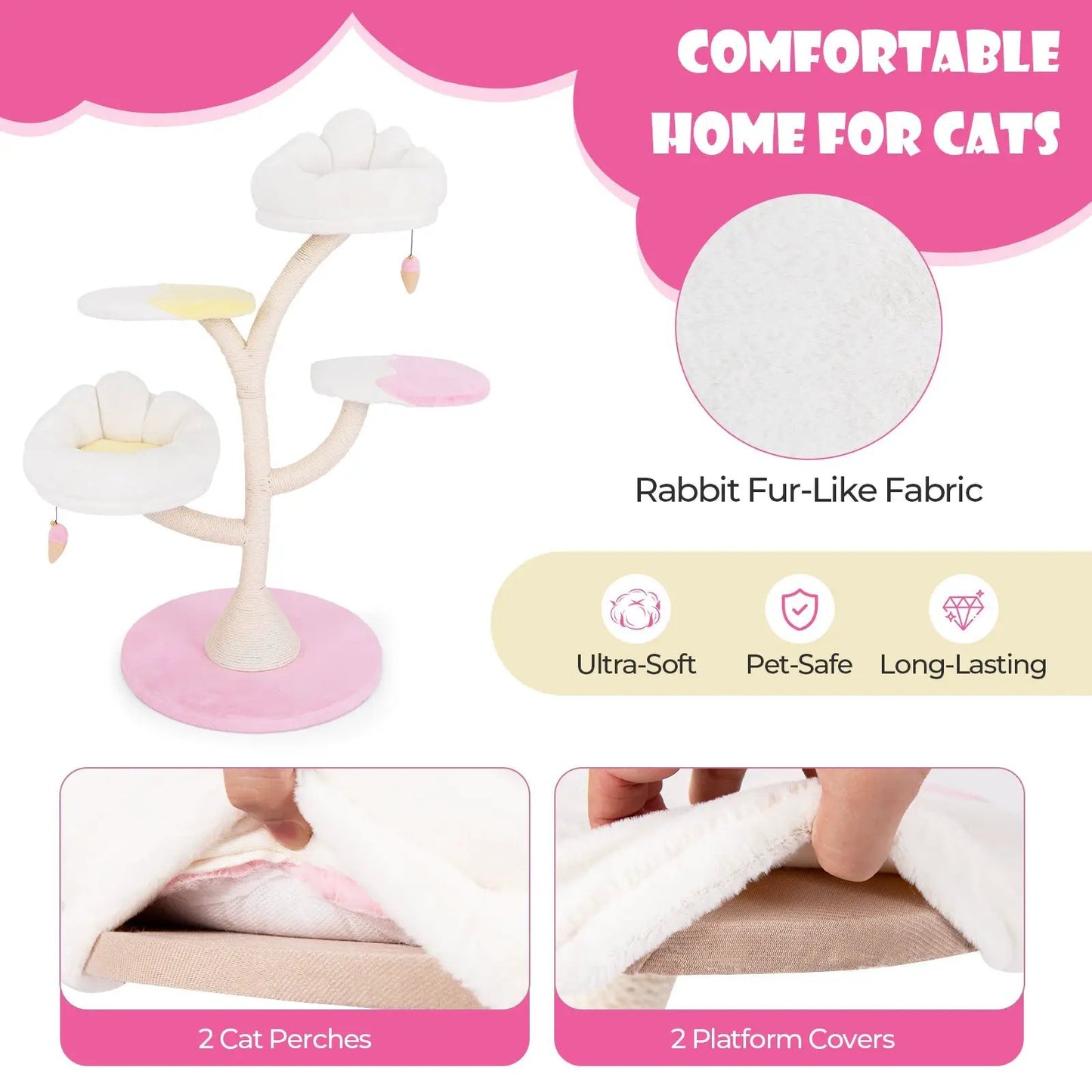 Multi Layer Cat Tree Tower with 2 pink plush perches, beige trunk, pink base DirectDeals on Tampa Home & Garden Store