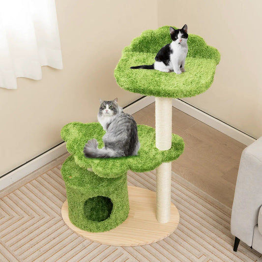 38 Inch Cat Tree for Indoor Cats with Sisal Posts, green plush platforms, two cats on Tampa Home & Garden Store