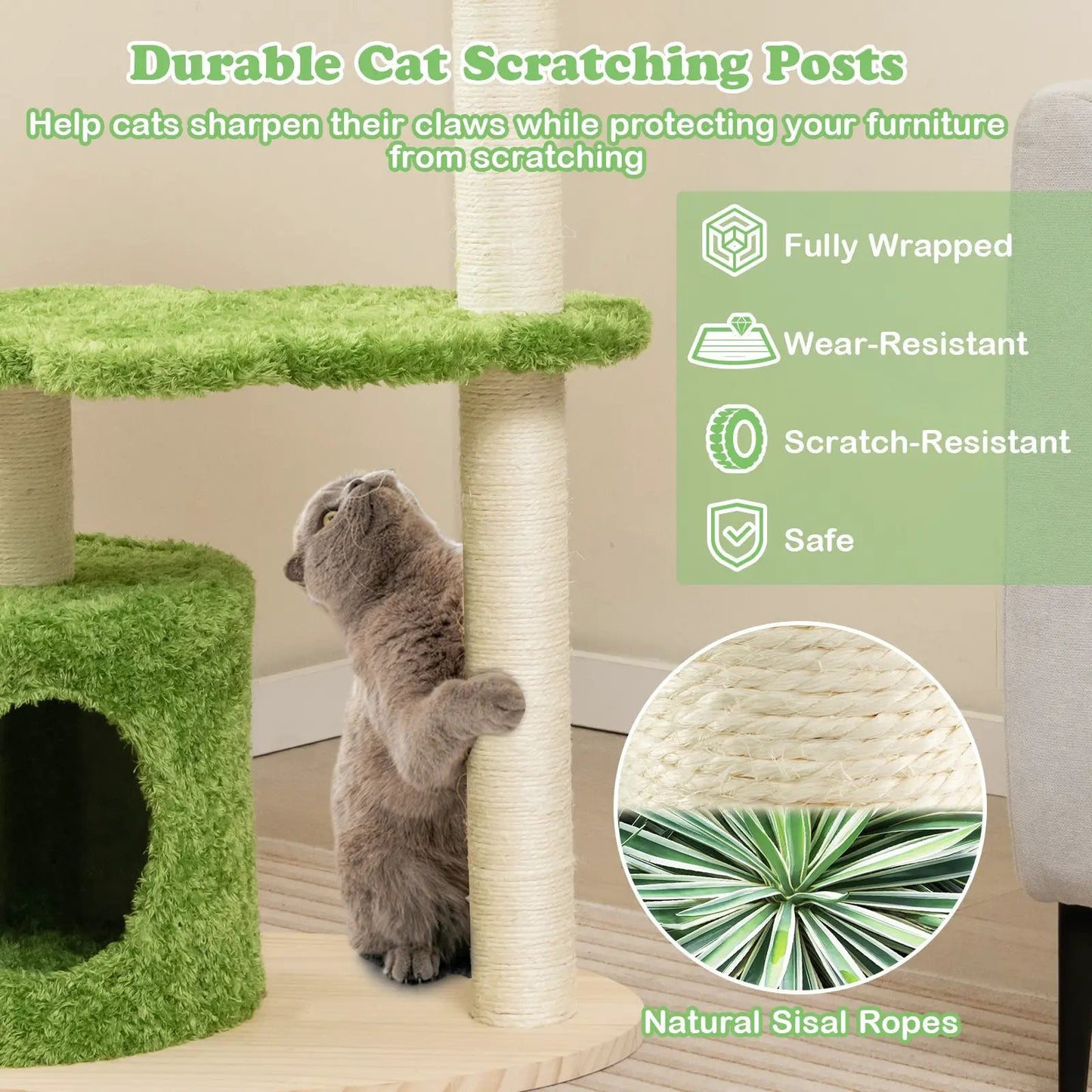38 Inch Cat Tree for Indoor Cats with Green Plush Surfaces and Sisal Rope Wrapped Posts on Tampa Home & Garden Store
