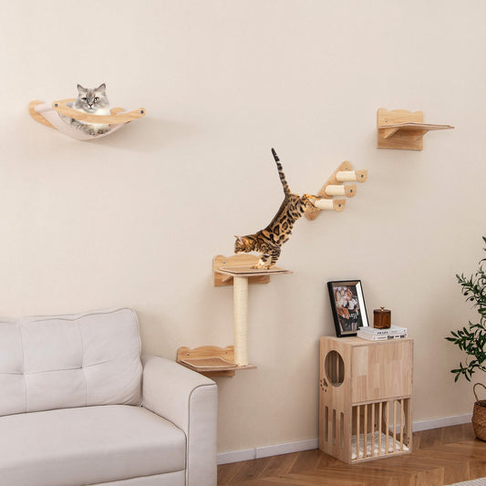 Cat Wall Furniture Set of 4 with Hammock 2-step Cat Tree and Perch-Natural - Tampa Home & Garden Store
