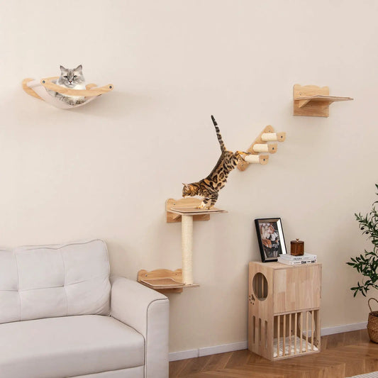 Natural wood cat wall furniture set of 4 with hammock and wall shelf DirectDeals on Tampa Home & Garden Store