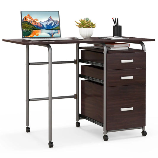 DirectDeals Folding Laptop Desk with 4-drawer cabinet, dark wood top, metal frame on Tampa Home & Garden Store