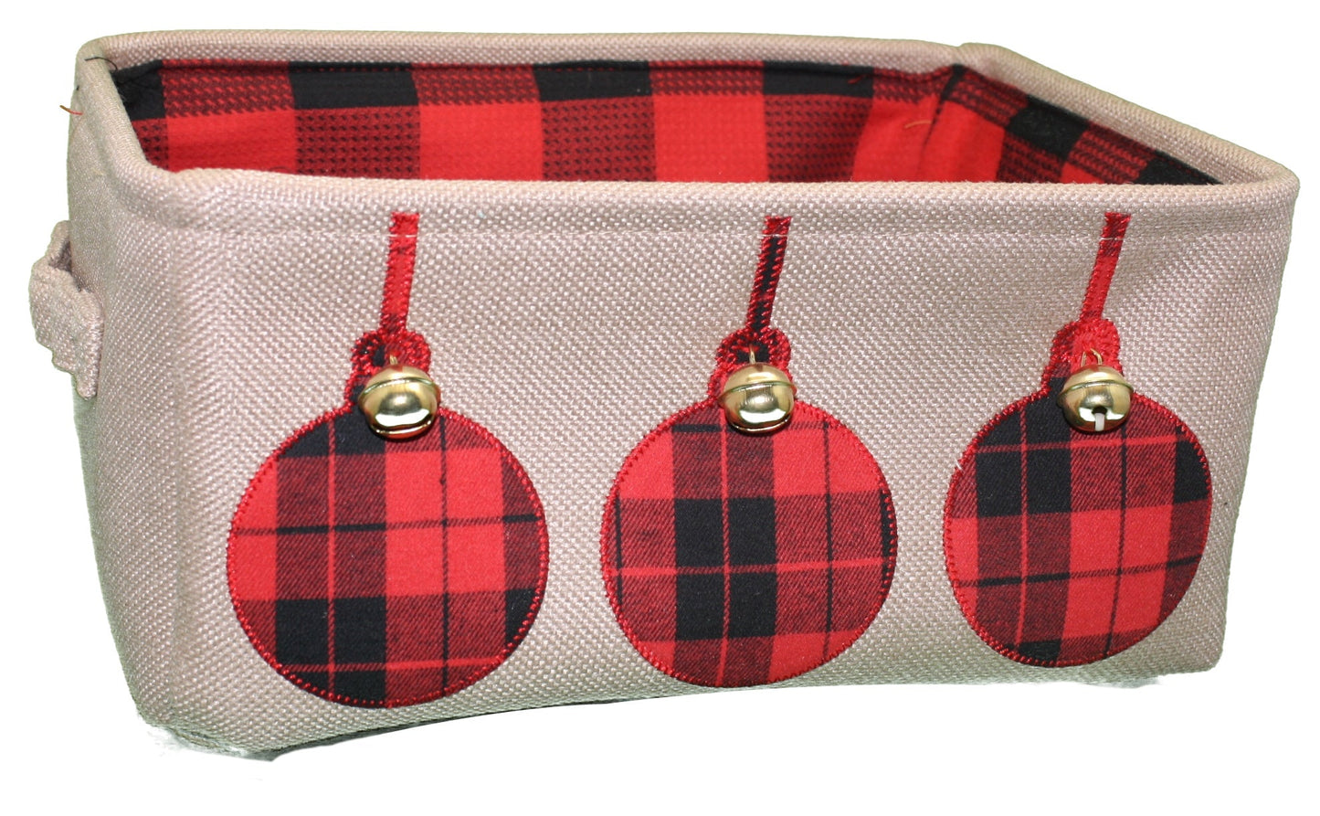 Buffalo check holiday basket tote with beige canvas, red plaid circular patches, and gold bells on Tampa Home & Garden Store