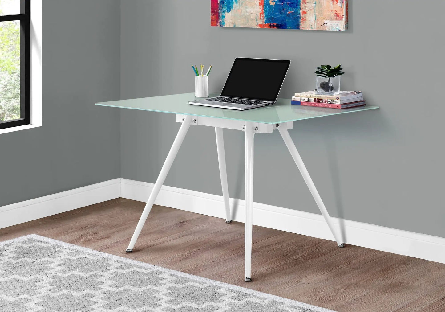 White tempered glass computer desk for home office with laptop on Tampa Home & Garden Store