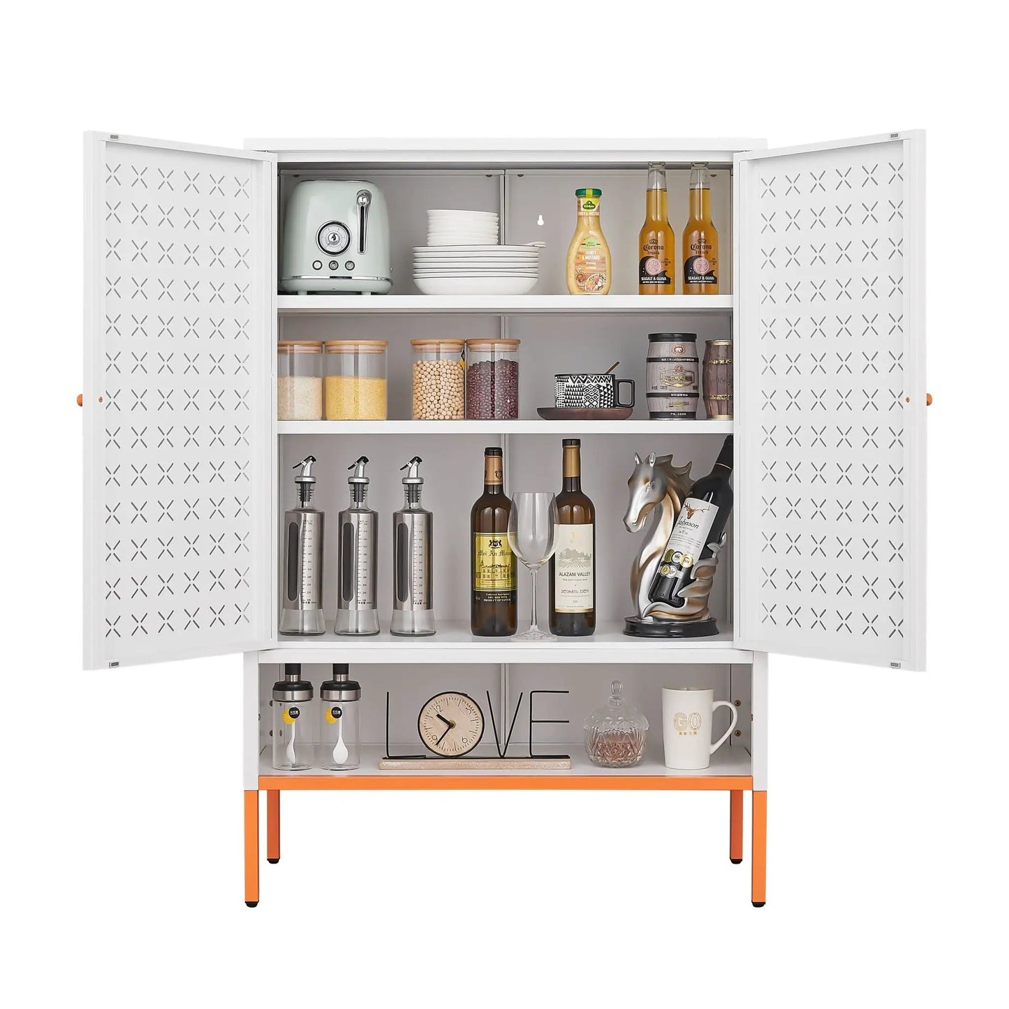 White metal grid double-door shoe cabinet with adjustable compartments by Unique Piece Furniture on Tampa Home & Garden Store