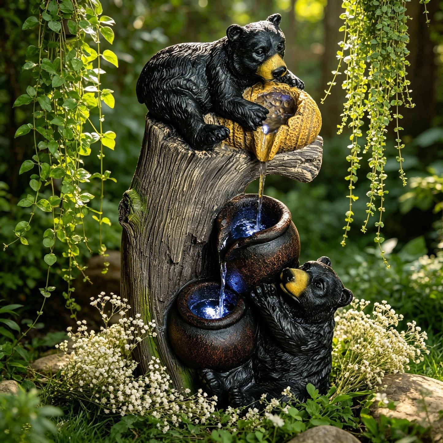 Bear Tree Stump Outdoor Water Fountain With LED
