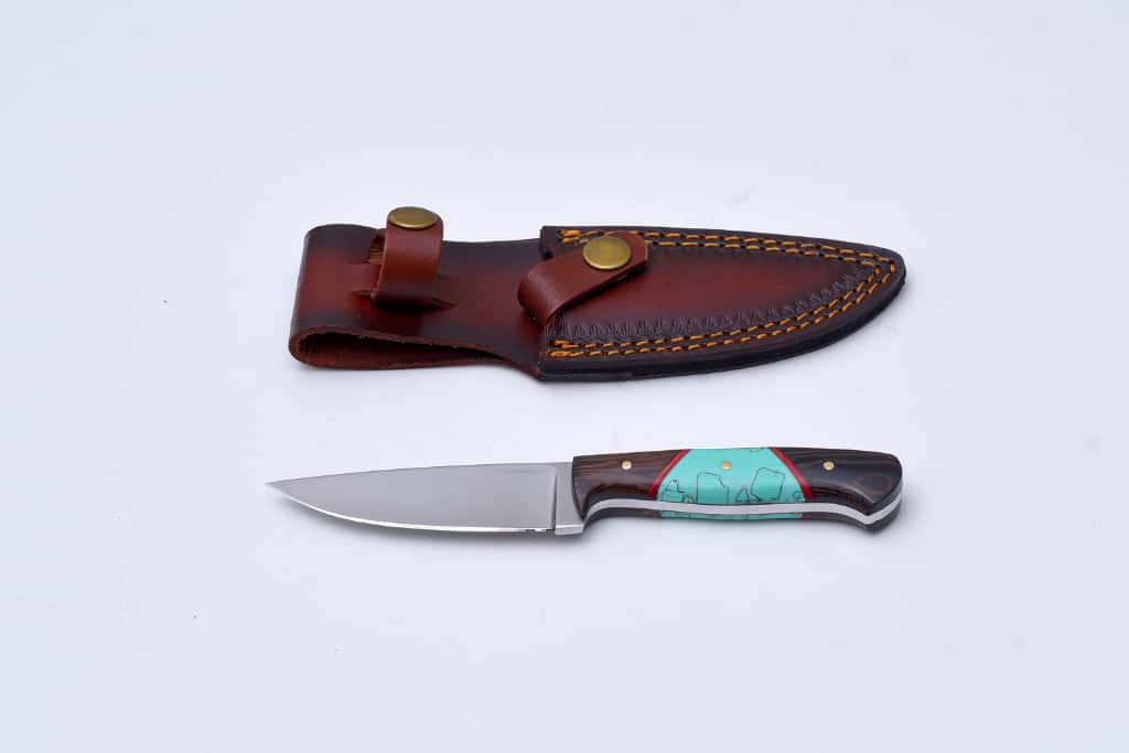 Custom handmade pairing knife TS-003 with brown leather sheath and turquoise inlay handle on Tampa Home & Garden Store