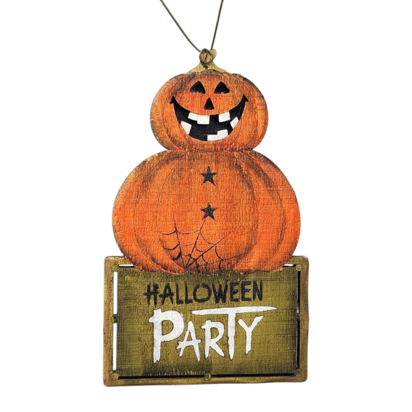 Wooden Halloween ornament Pumpkin Stack with three orange jack-o'-lantern discs on twine on Tampa Home & Garden Store