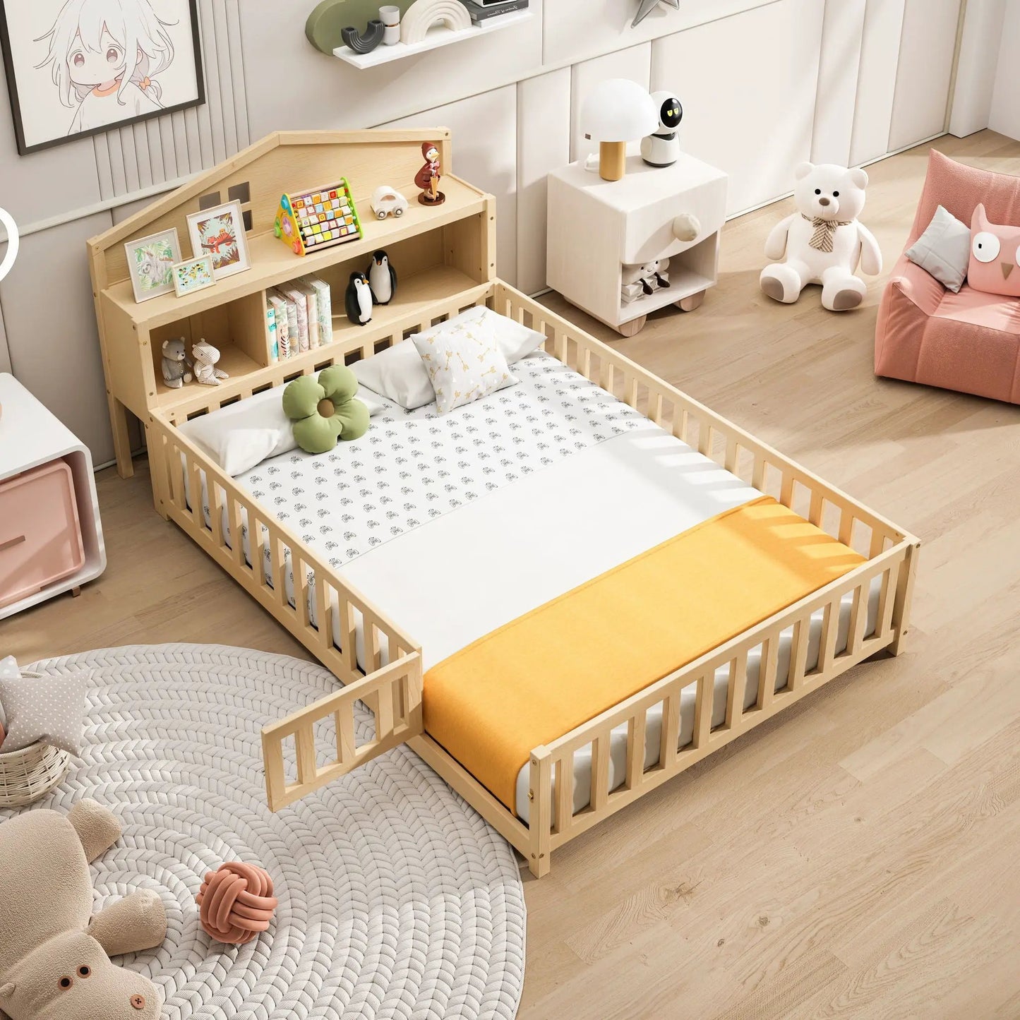 Full size Montessori floor bed natural solid wood with bookcase storage and guard rails on Tampa Home & Garden Store