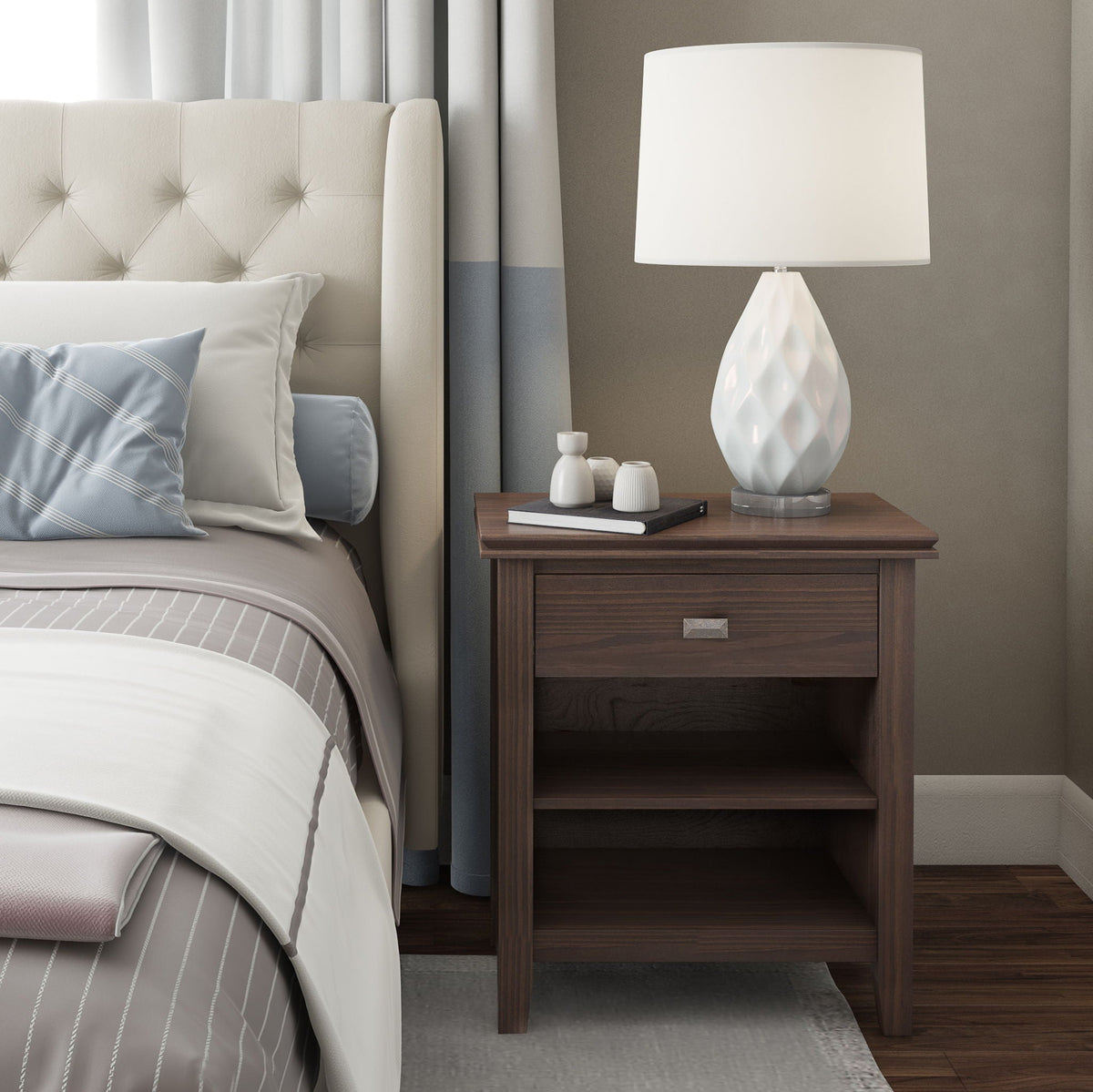 Bedside table warm walnut brown with drawer and shelf beside the bed, HouseOfZazla on Tampa Home & Garden Store