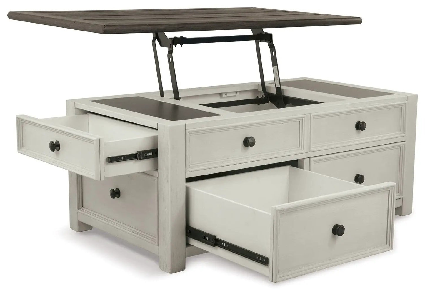 Bolanburg lift-top cocktail table with white base and dark brown top, black knobs on Tampa Home & Garden Store
