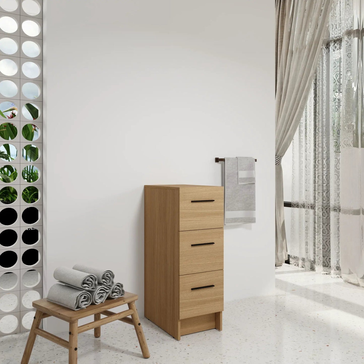 Slim Bathroom Storage Cabinet With 3 Drawers Oak