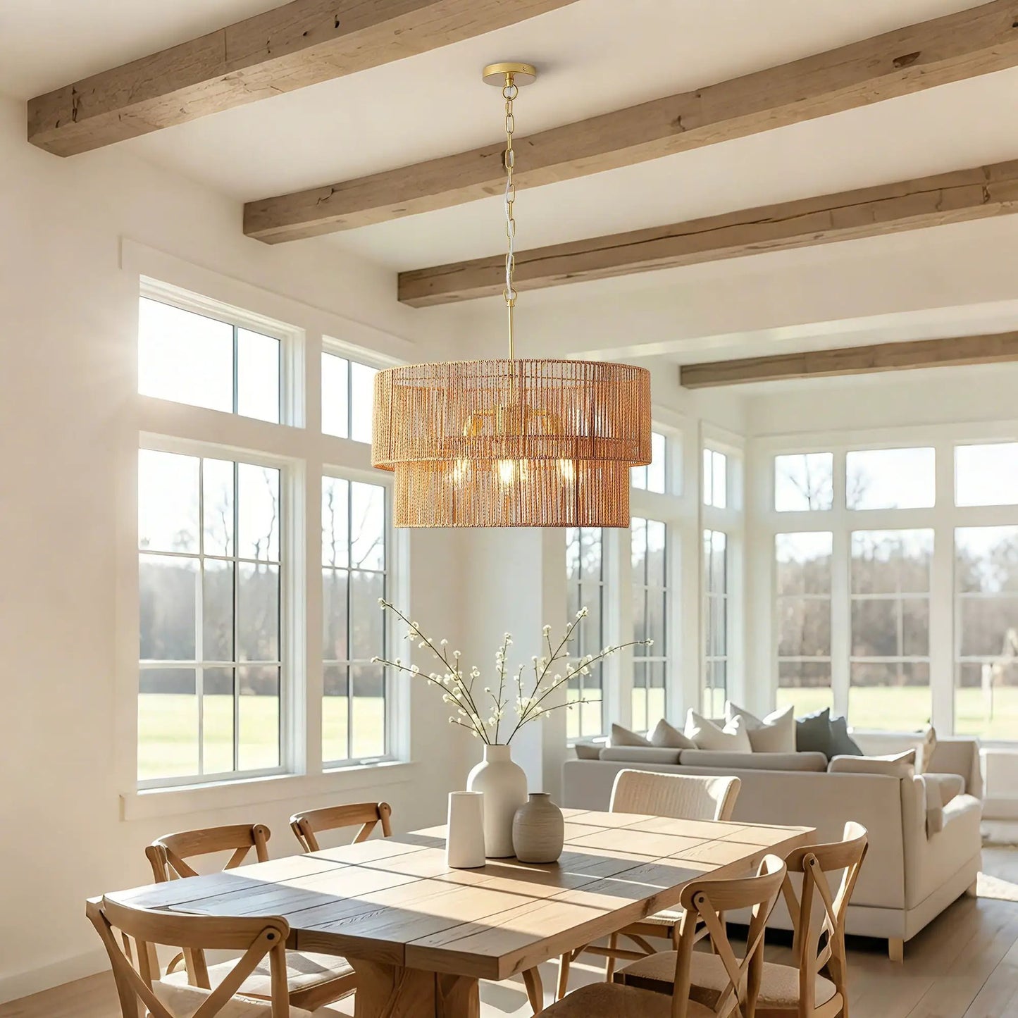 Chandelier 2-Tier Boho Wabi Sabi pendant light, gold metal with woven mesh shade on Tampa Home & Garden Store