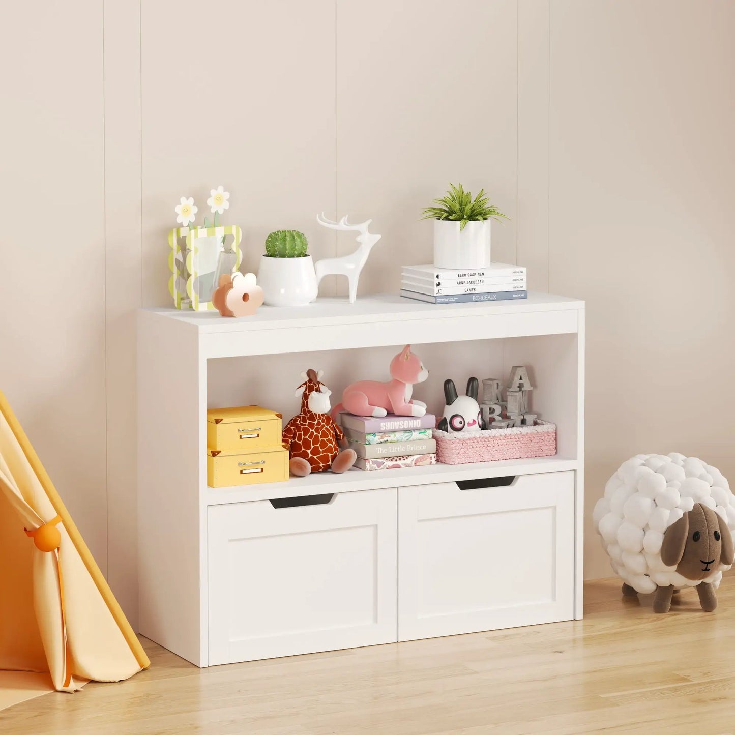 White book organizer with large drawers and open shelves, Unique Piece Furniture toy storage on Tampa Home & Garden Store