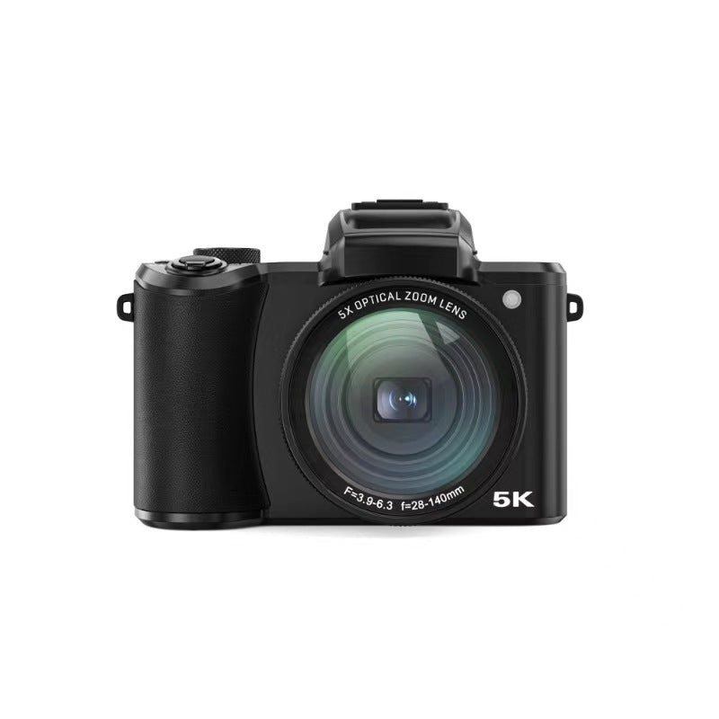 Digital camera with black body and retractable lens, 5X optical zoom, front view on Tampa Home & Garden Store