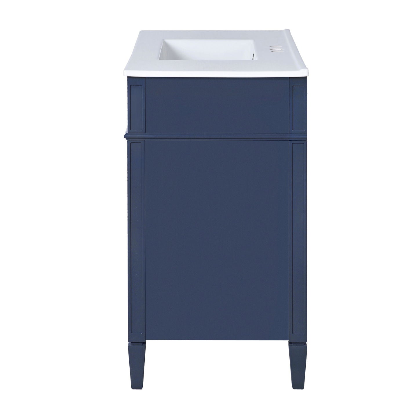 Bathroom vanity with blue finish, white top and square sink cutout, modern storage cabinet on Tampa Home & Garden Store