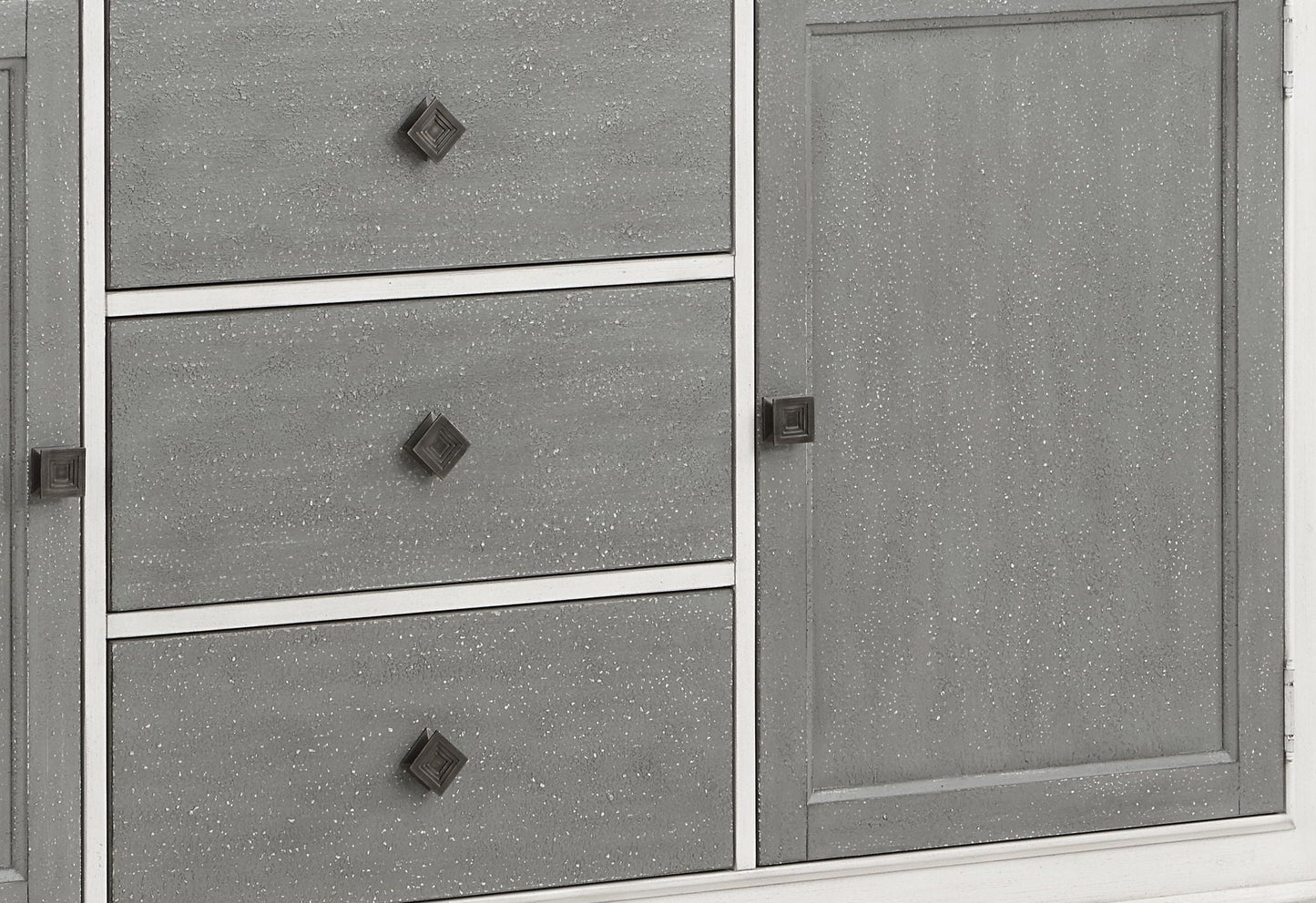 Katia server cabinet in gray and white speckled finish with square black knobs HouseOfZazla on Tampa Home & Garden Store