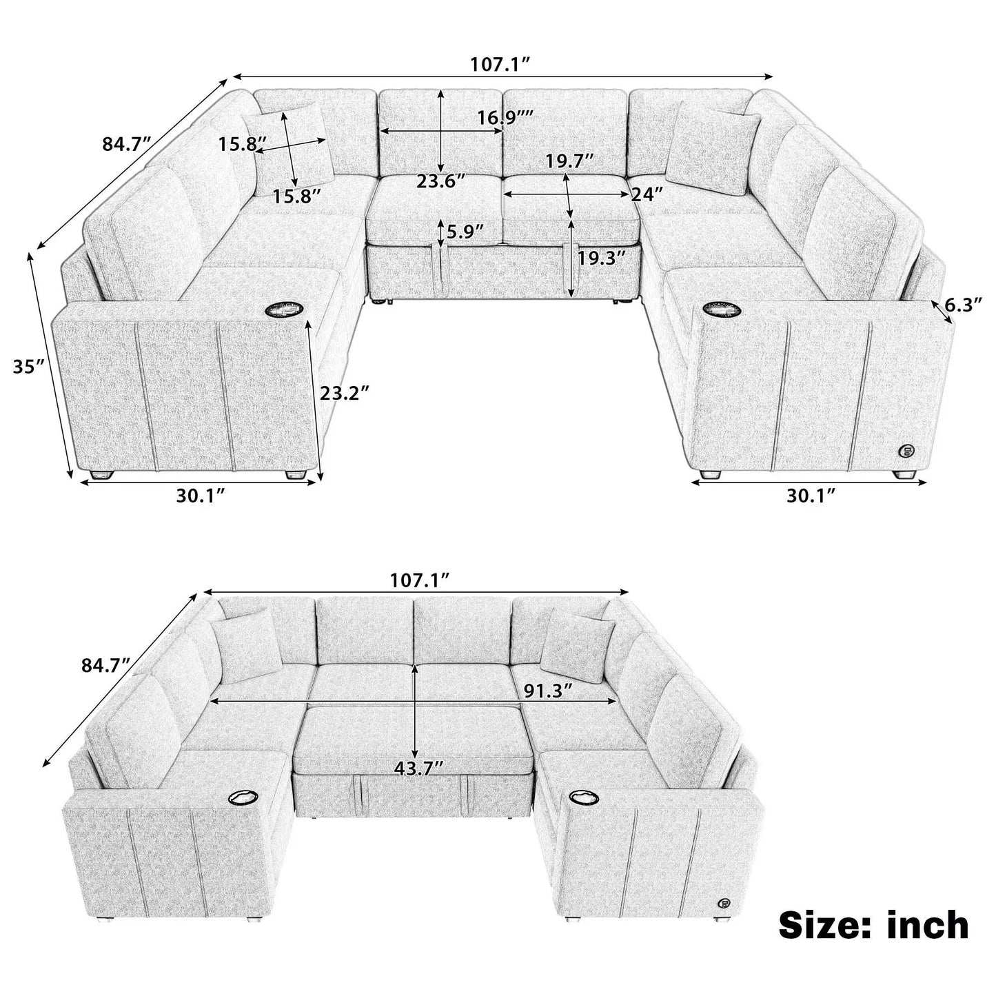 Convertible U-shaped sectional sofa with pull-out bed, 2-piece set Unique Piece Furniture on Tampa Home & Garden Store
