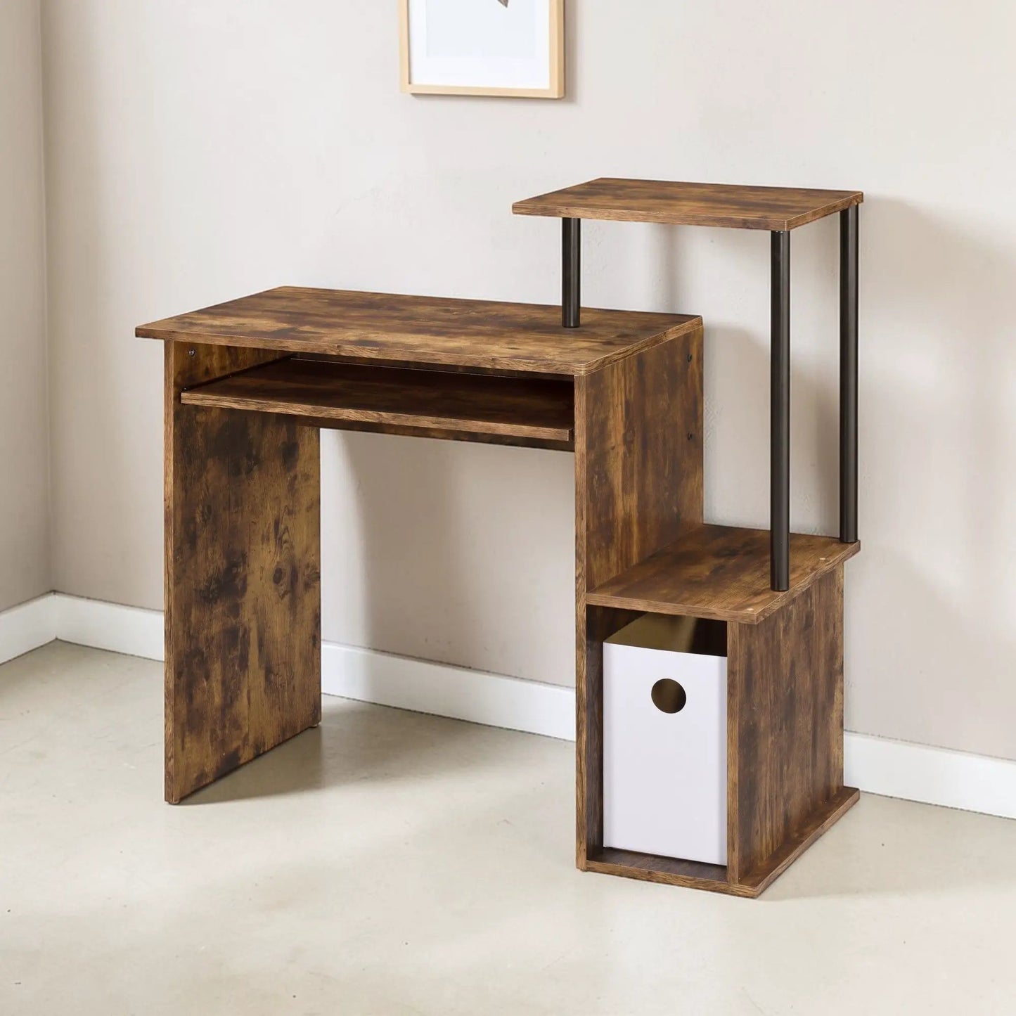 Lyphre computer desk weathered oak with black metal legs and upper shelf on Tampa Home & Garden Store