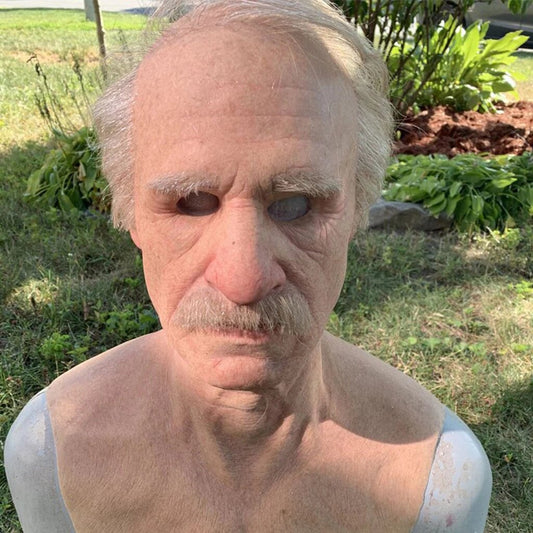Realistic Old Man Halloween Mask with gray hair and hollow eye sockets by Moktan Sabai on Tampa Home & Garden Store