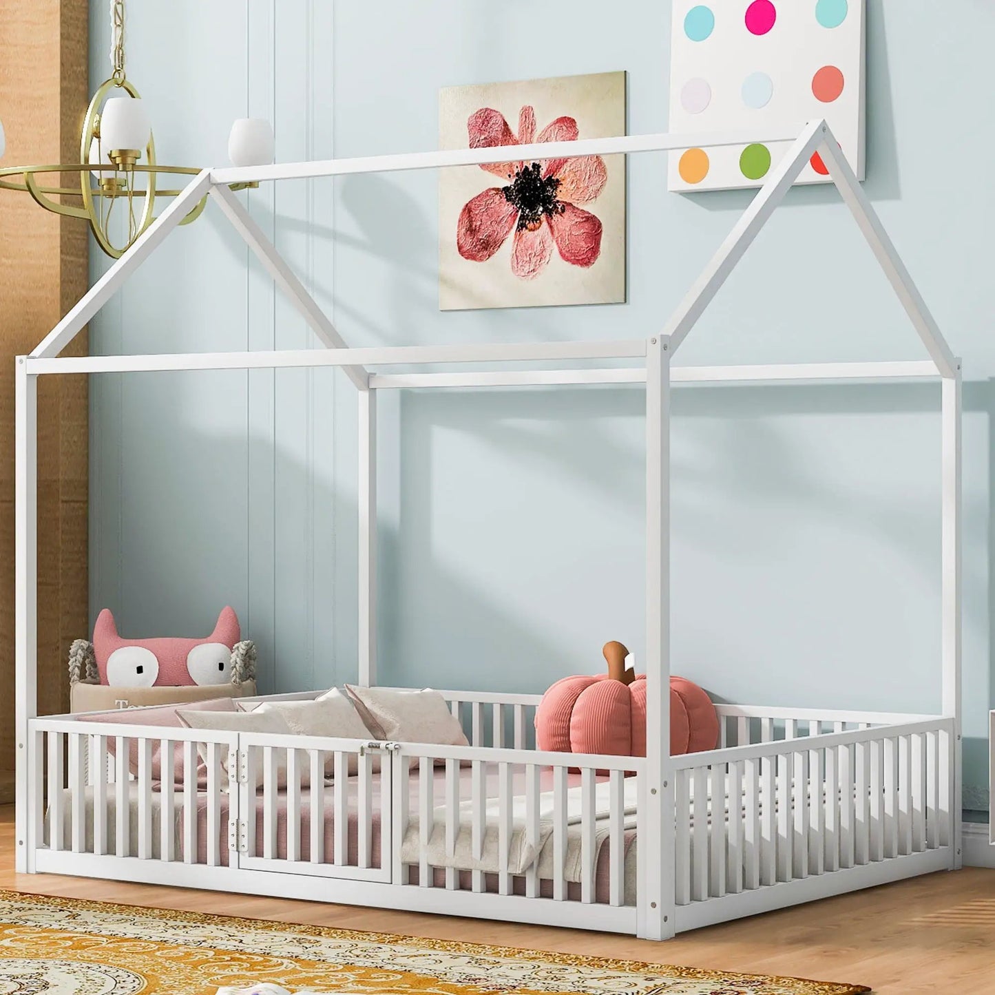 Metal house bed with fence, white powder-coated frame and slatted guard rails on Tampa Home & Garden Store