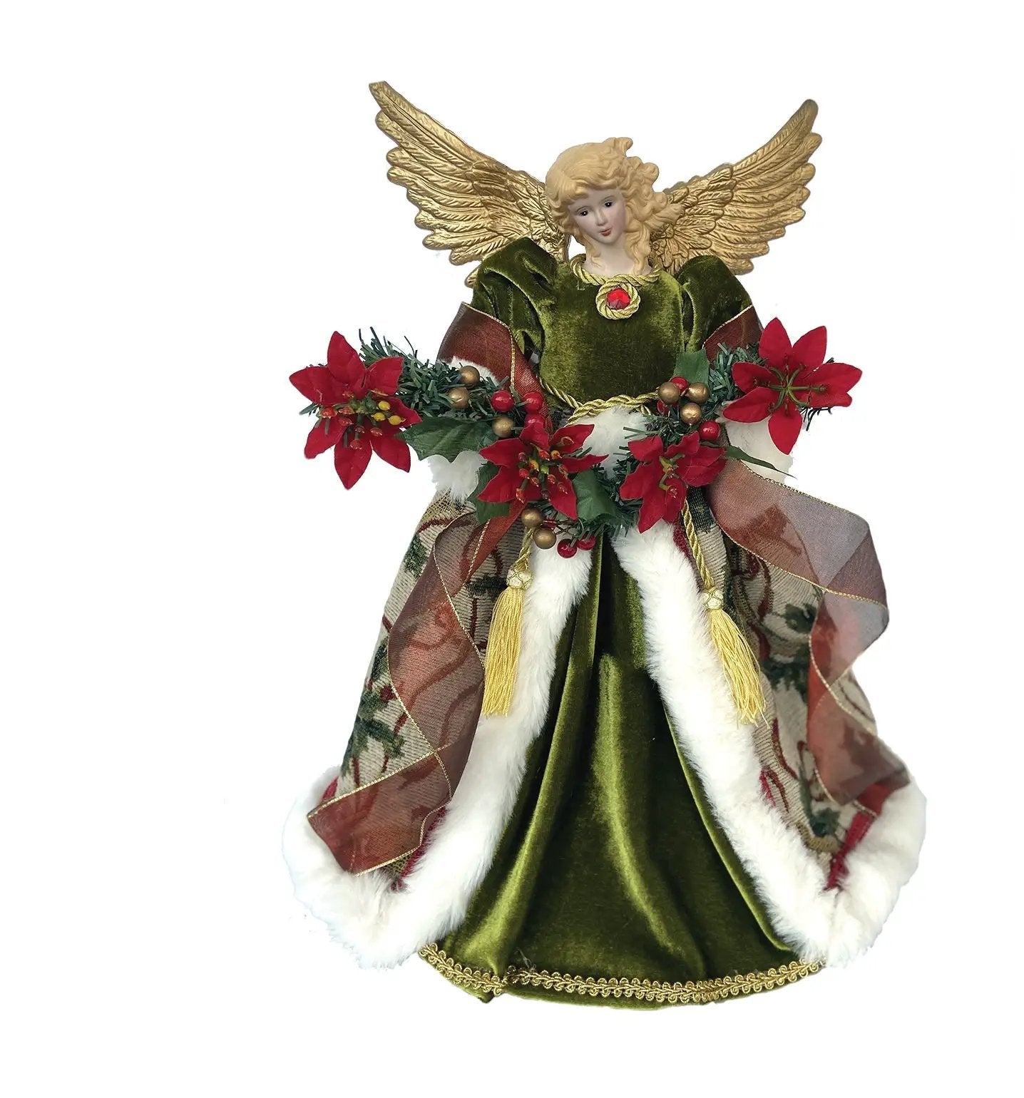 Poinsettia Angel Tree Topper with green velvet gown, gold wings and red poinsettias on Tampa Home & Garden Store