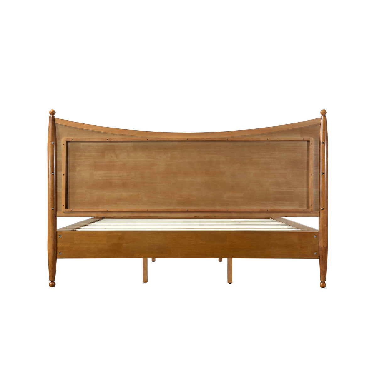 Modern Classic solid wood king bed frame in honey oak with curved headboard and finial posts on Tampa Home & Garden Store