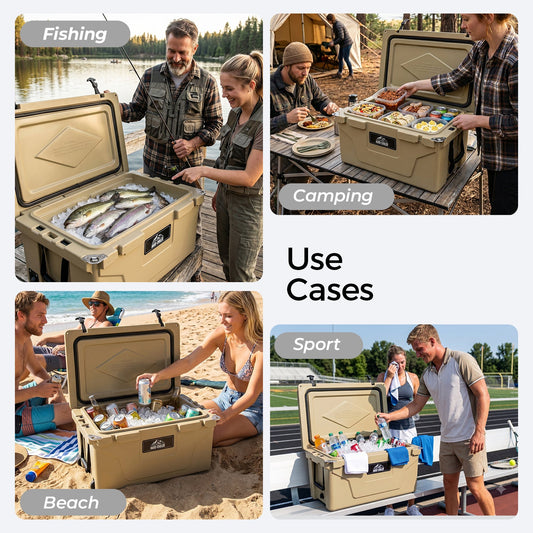 Khaki 65QT Heavy-Duty Ice Cooler Box by HouseOfZazla shown in camping, fishing, beach scenes for outdoor deck storage on Tampa Home & Garden Store