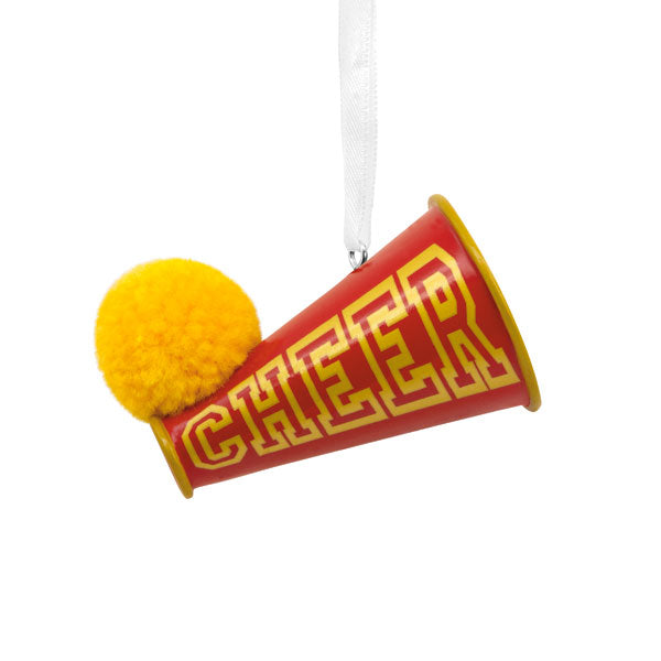 Cheerleading ornament with red megaphone, yellow CHEER lettering, yellow pom-pom, hanging ribbon on Tampa Home & Garden Store