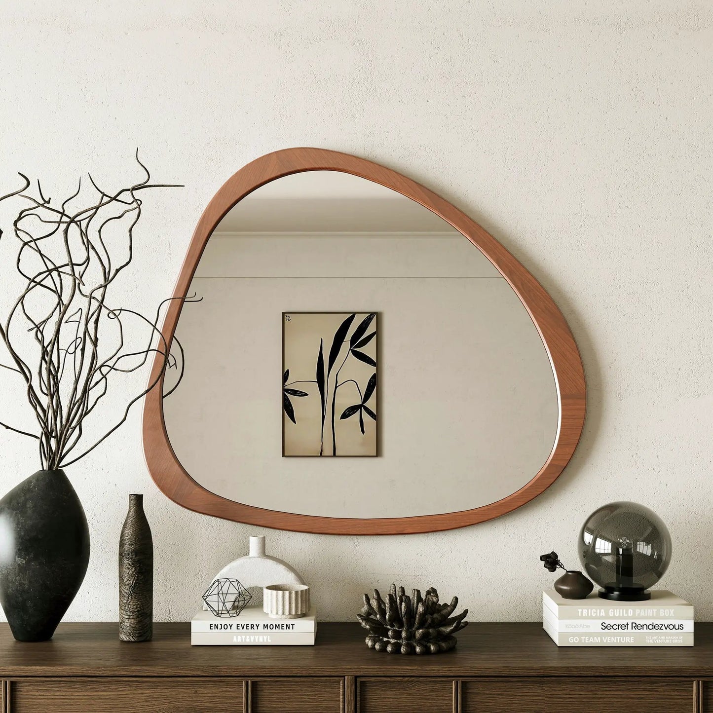 Asymmetrical Wall Mirror with Wooden Frame