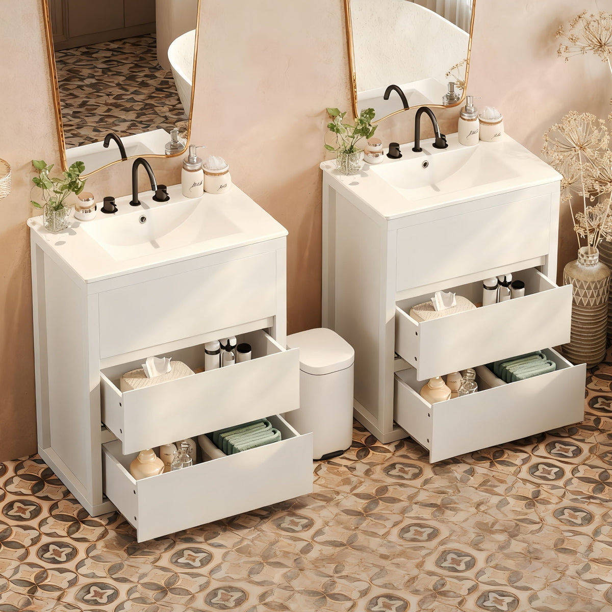 White wood double-sink vanity and cabinet set with black faucets and drawer storage on Tampa Home & Garden Store