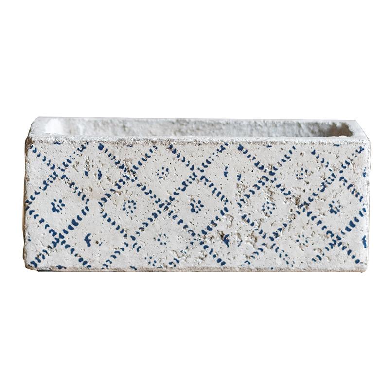 Cement planter with blue diamond pattern, rectangular white finish, RusticReach on Tampa Home & Garden Store