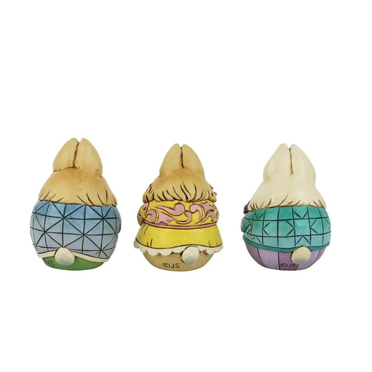 Set of 3 bunny egg figurines with blue lattice, yellow scroll, teal lattice bases on Tampa Home & Garden Store