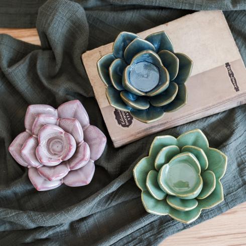 Ceramic Floral Candle Holder set by RusticReach; blue pink teal succulent shapes, 3 pieces on Tampa Home & Garden Store