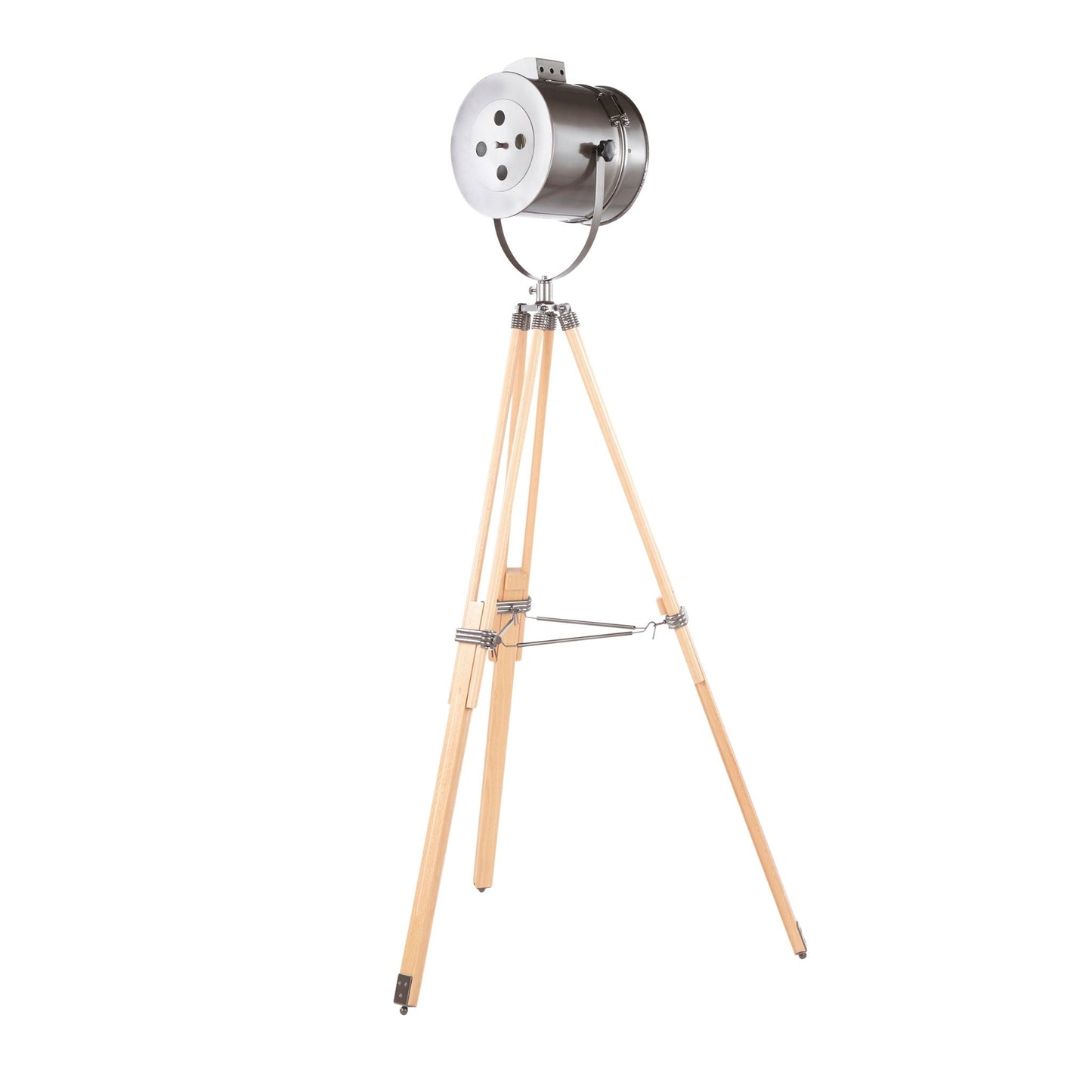 Ahoy Industrial Floor Lamp natural wood tripod with brushed steel head antique finish on Tampa Home & Garden Store
