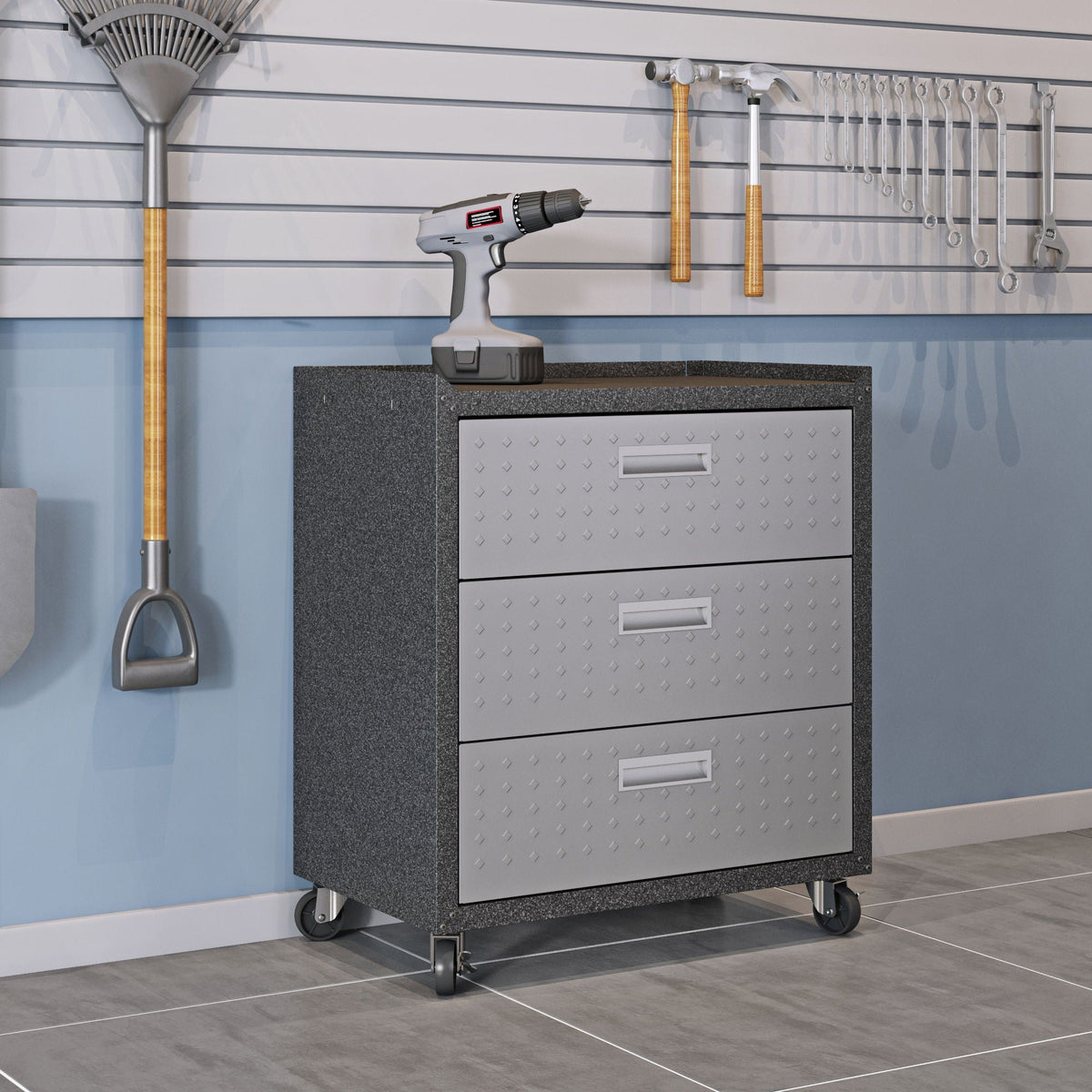 3-drawer rolling garage cabinet by HouseOfZazla in gray with diamond-plate fronts on Tampa Home & Garden Store
