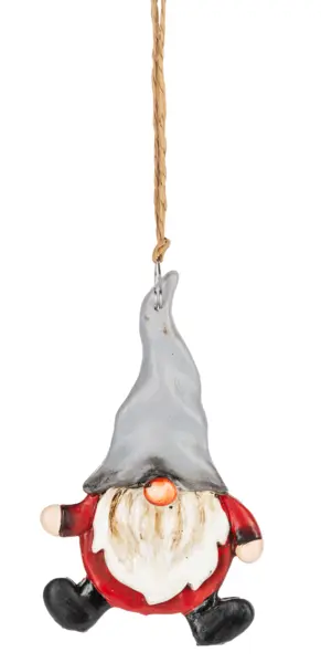 Gnome Ornament grey hat red outfit white beard nose feet out hanging on twine on Tampa Home & Garden Store