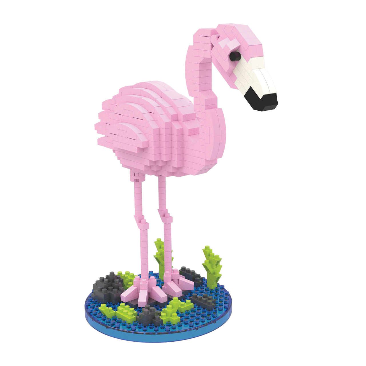 Pink Flamingo Mini Building Blocks figure on blue circular base with rocks and greenery on Tampa Home & Garden Store