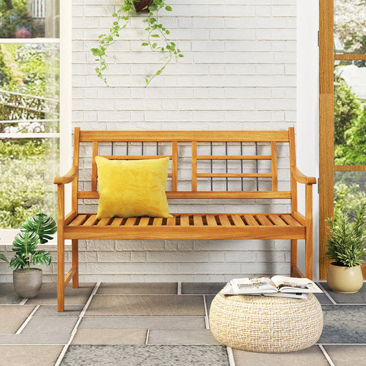 Banco de madera de acacia para patio con reposabrazos curvos, asiento y respaldo de listones