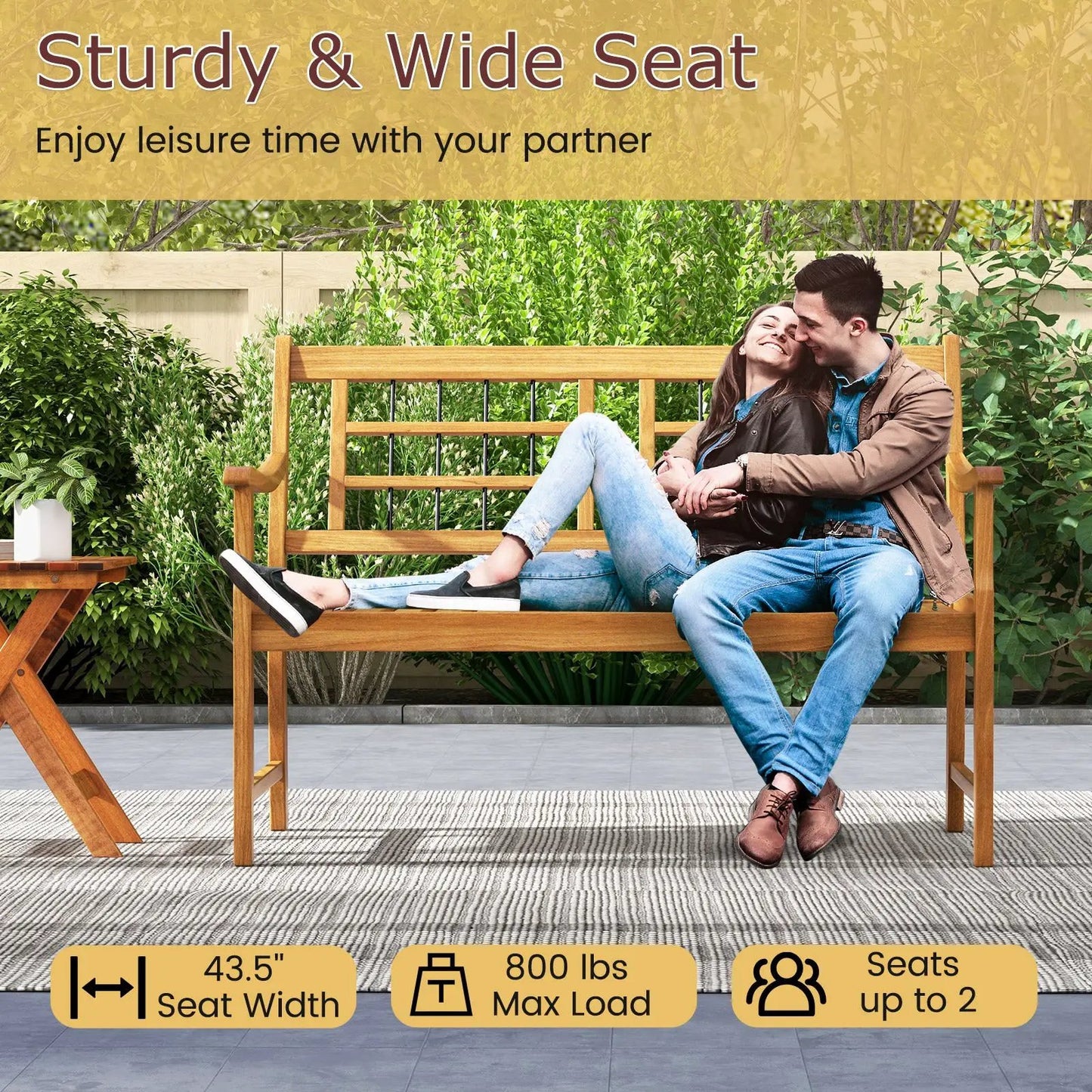 Patio Acacia Wood Bench with curved armrests, slatted seat and backrest by DirectDeals on Tampa Home & Garden Store