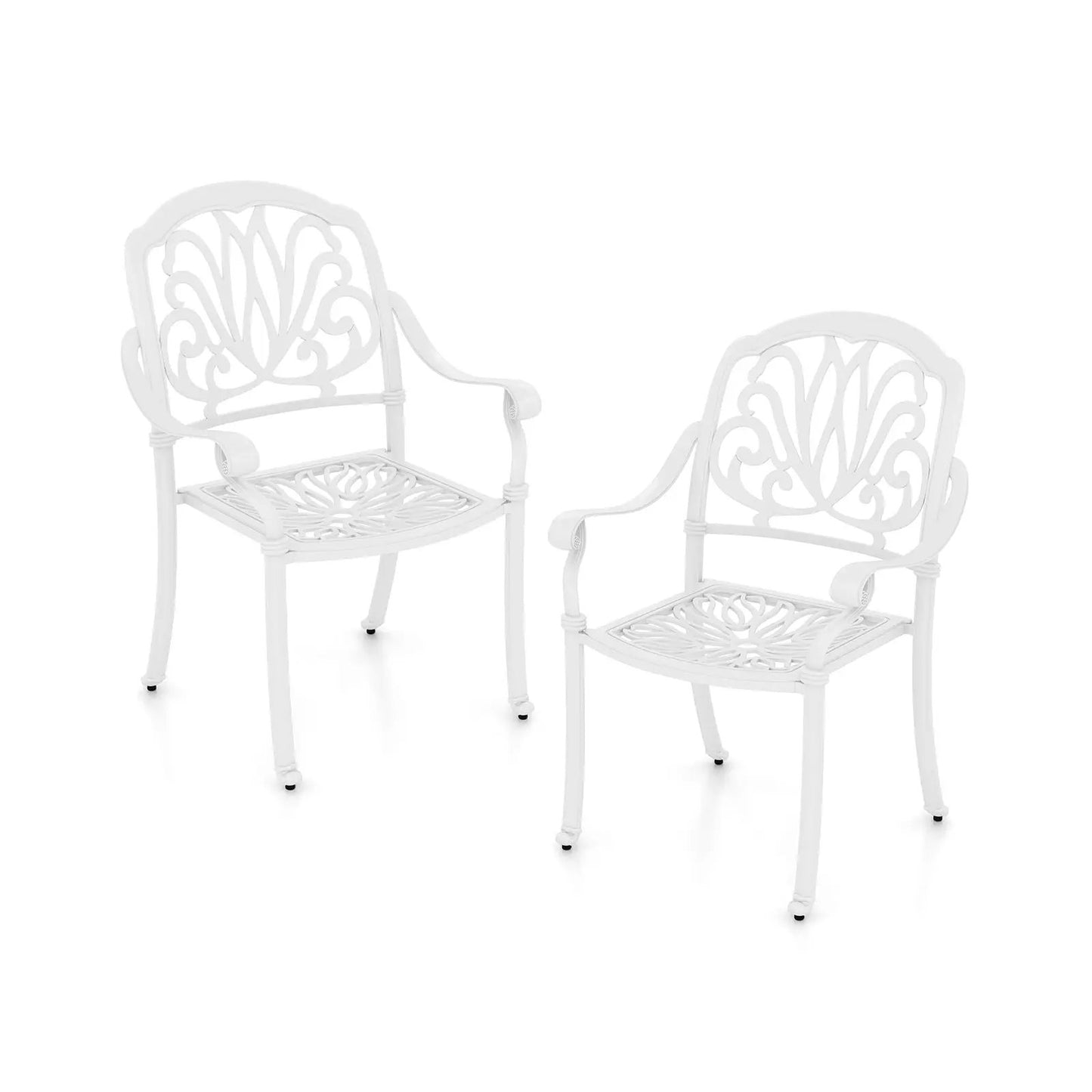 2-Piece DirectDeals white cast aluminum dining chairs with leaf-back design and armrests on Tampa Home & Garden Store
