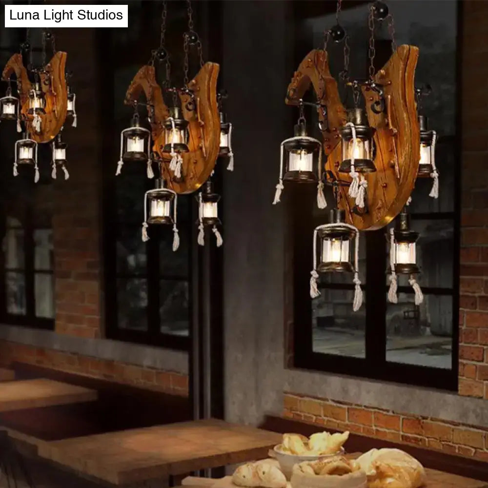 Set of four wood horse chandelier lights with hanging lanterns, rustic decor on Tampa Home & Garden Store